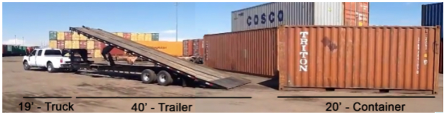 sample of shipping container delivery using tilt bed truck