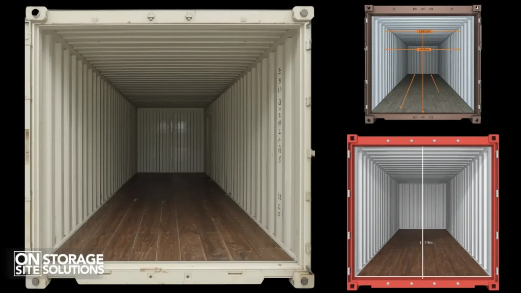 Shipping container internal measurements showing length, width, and height used to determine cargo capacity.
