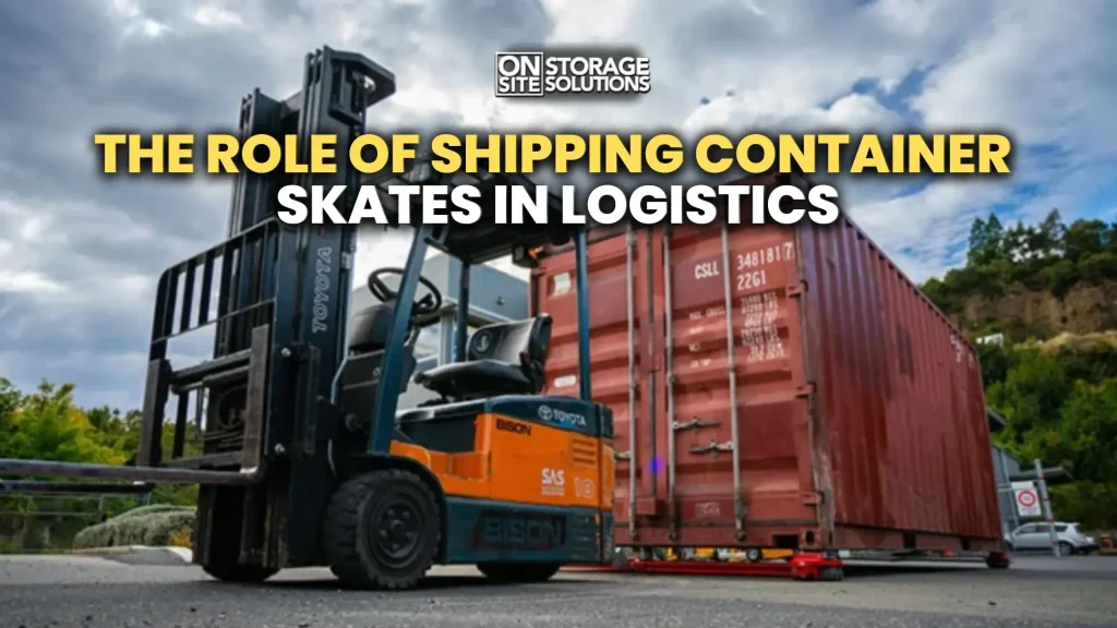 Shipping container skates used to move a heavy shipping container safely across a logistics facility.