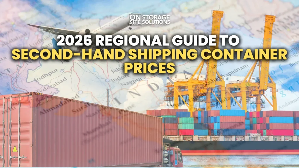 Container ship loaded with colorful containers at port with cranes, airplane, and map overlay highlighting 2026 regional second-hand shipping container prices