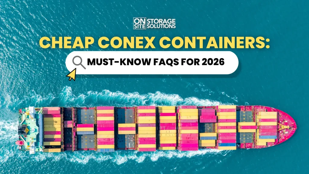 Aerial view of cargo ship carrying stacked cheap conex containers at sea, highlighting 2026 buying trends and pricing insights.