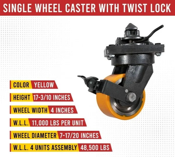 Shipping Container Single Caster Wheels with Twist Lock & Brakes, 11000 lbs WLL