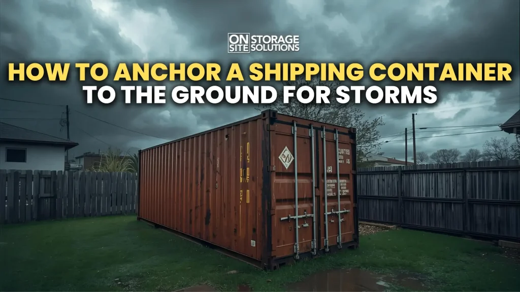 A shipping container secured to the ground using heavy-duty anchors to withstand storms