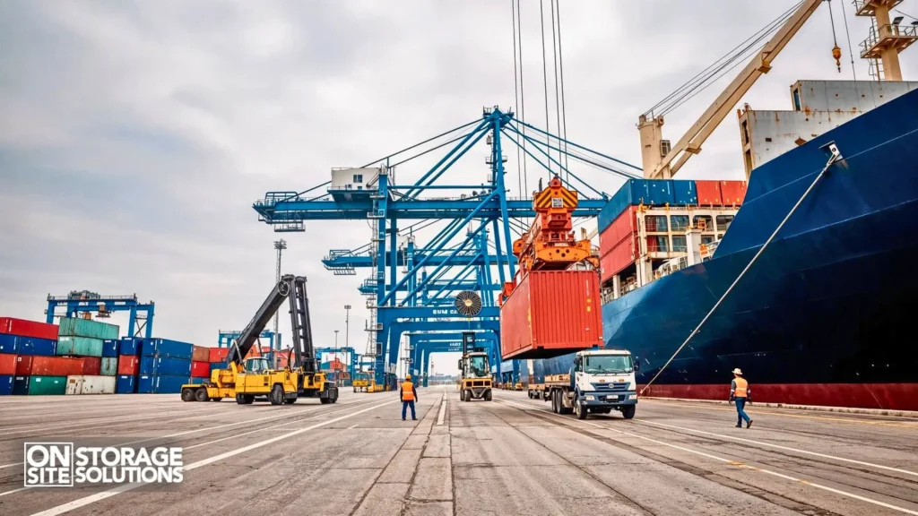 Shipping container supply chain supporting global logistics with cargo containers being loaded at port.