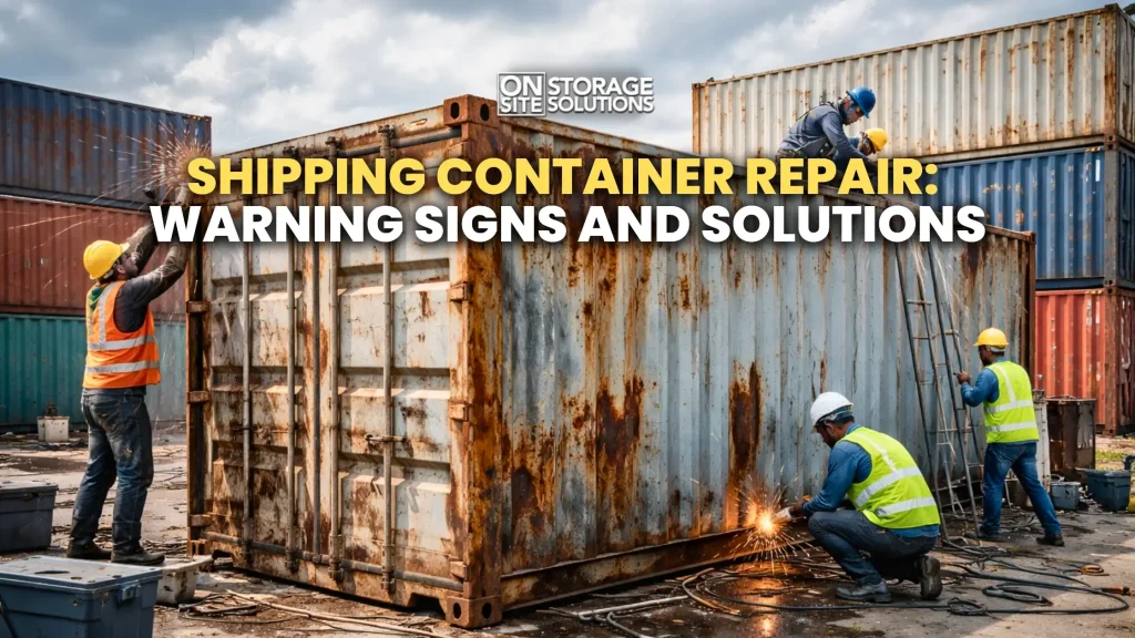 Shipping container repair showing warning signs such as rust, leaks, and structural damage with repair solutions
