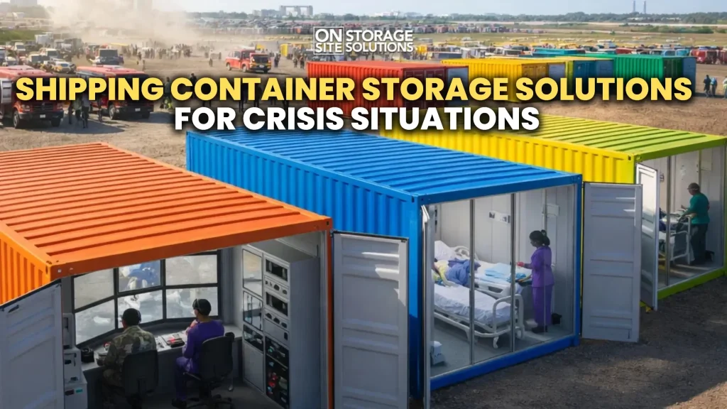 Shipping container storage solutions used for emergency supplies and secure crisis response storage.