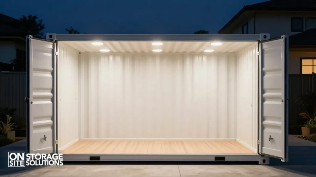 Shipping container lighting improving visibility and workspace performance inside a container