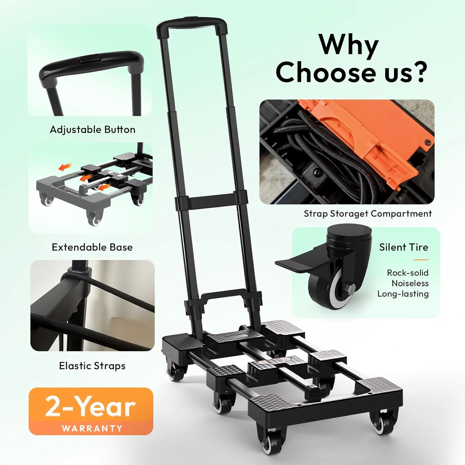 Folding Hand Truck 500lbs, Portable Heavy Duty Dolly Cart, 6 Wheels Collapsible Luggage Cart with 2 Elastic Ropes - Compact Trolley Cart for Easy Moving - Ideal Hand Cart for Travel and More
