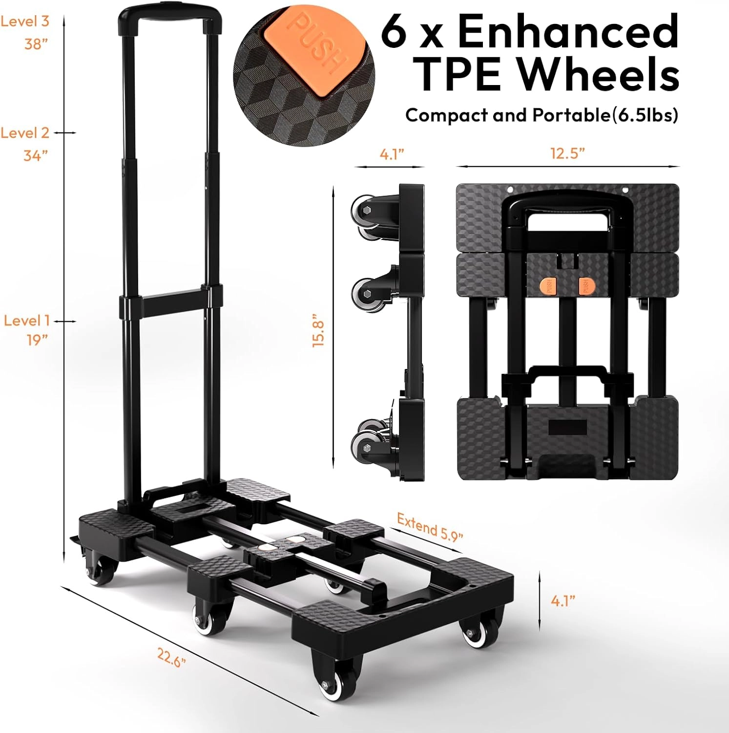 Folding Hand Truck 500lbs, Portable Heavy Duty Dolly Cart, 6 Wheels Collapsible Luggage Cart with 2 Elastic Ropes - Compact Trolley Cart for Easy Moving - Ideal Hand Cart for Travel and More