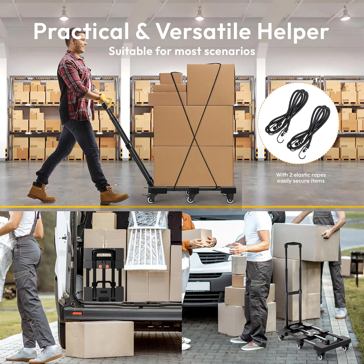 Folding Hand Truck 500lbs, Portable Heavy Duty Dolly Cart, 6 Wheels Collapsible Luggage Cart with 2 Elastic Ropes - Compact Trolley Cart for Easy Moving - Ideal Hand Cart for Travel and More