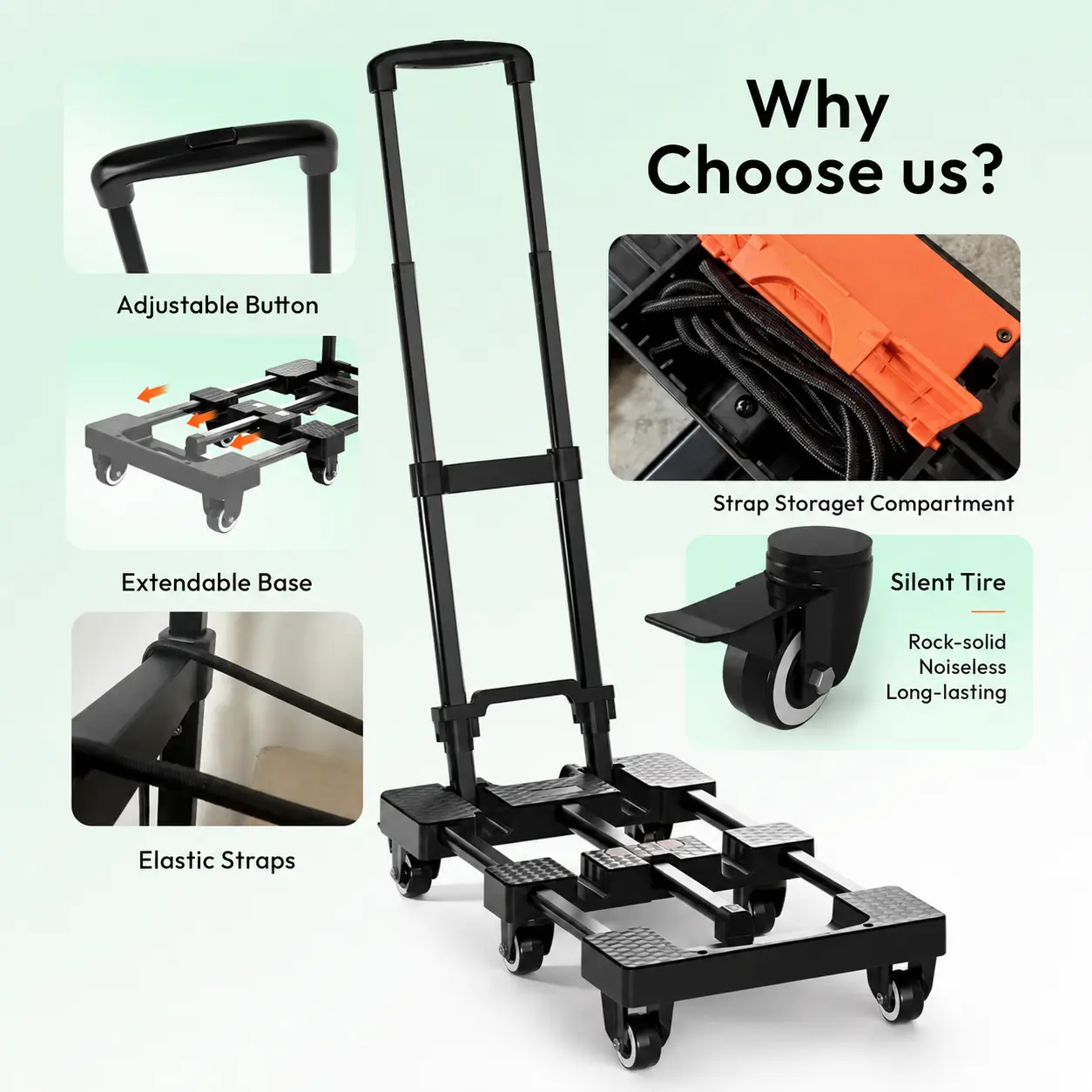 Folding Hand Truck 500lbs, Portable Heavy Duty Dolly Cart, 6 Wheels Collapsible Luggage Cart with 2 Elastic Ropes - Compact Trolley Cart for Easy Moving - Ideal Hand Cart for Travel and More