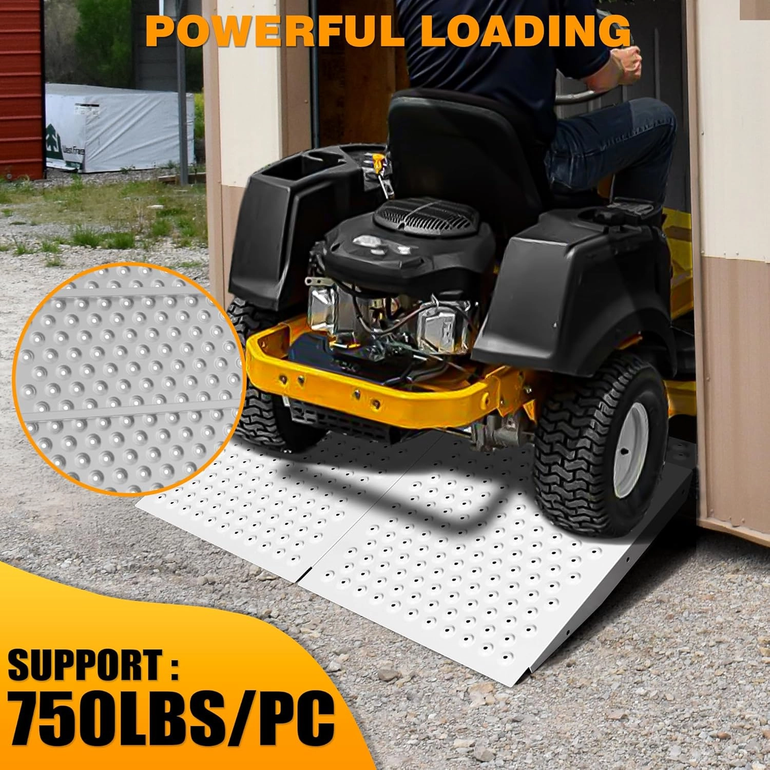 29" x 24" Shed Ramp for Riding Mower & Lawn Equipment | 750 LB Capacity Anti-Slip Punch Plate Ramp for ATV, Motorcycles, Garages & Barns (1PC, Aluminum)