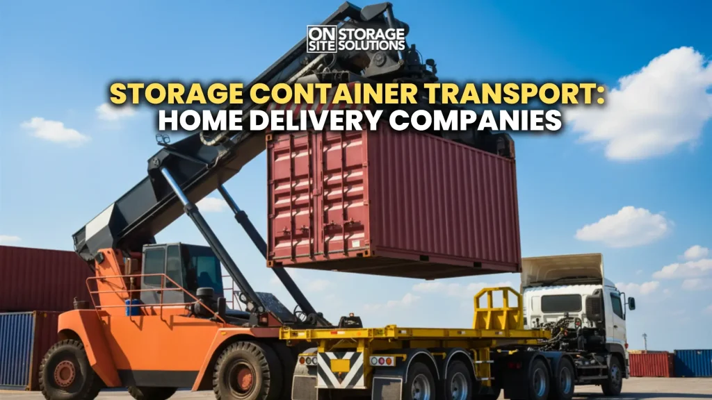 Storage container transport truck delivering a portable storage container to a residential property.