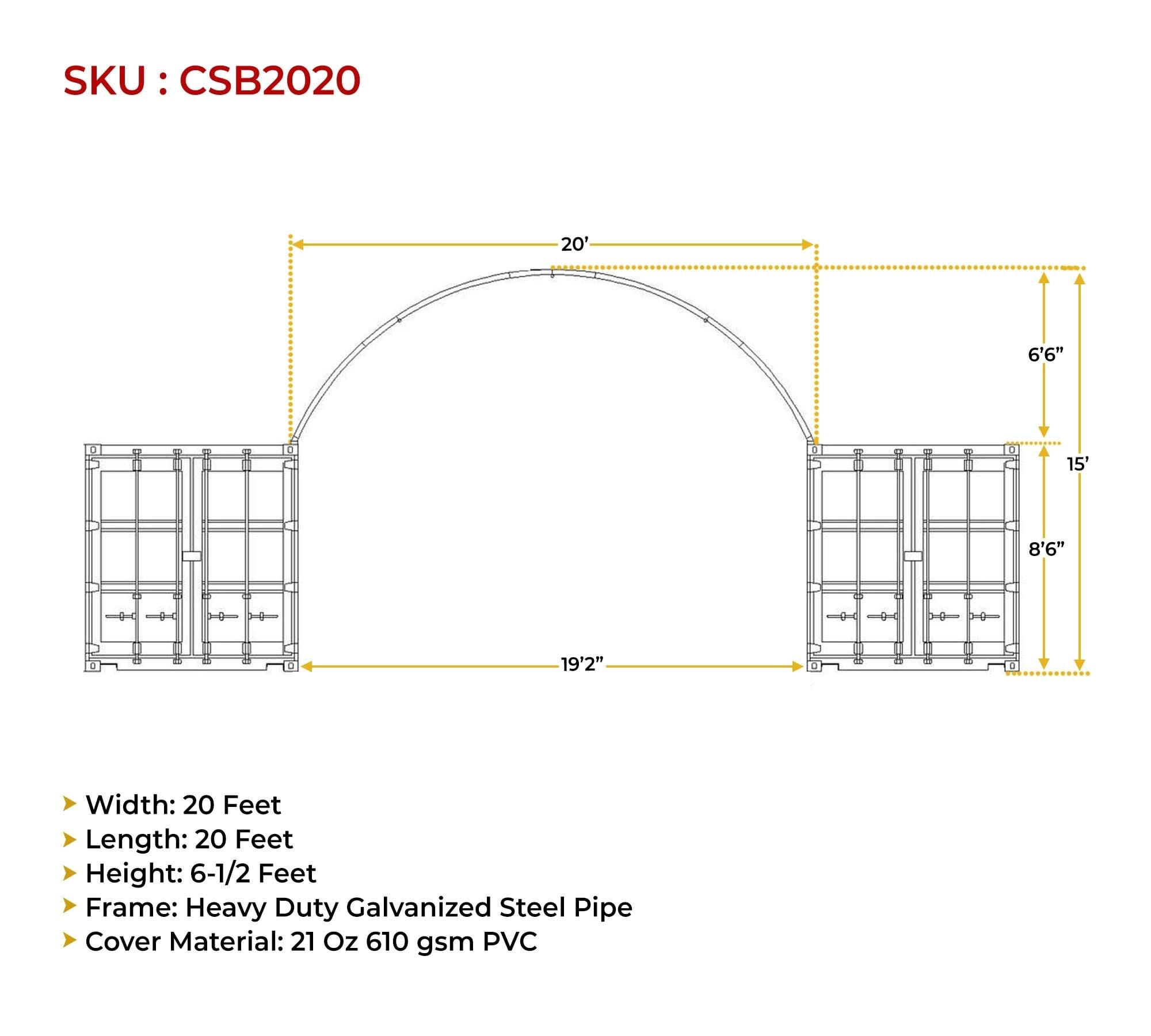 20’(L) x 20’(W) Shipping Container Building Shelter - 21 oz 610 gsm PVC White Cover, No End Walls