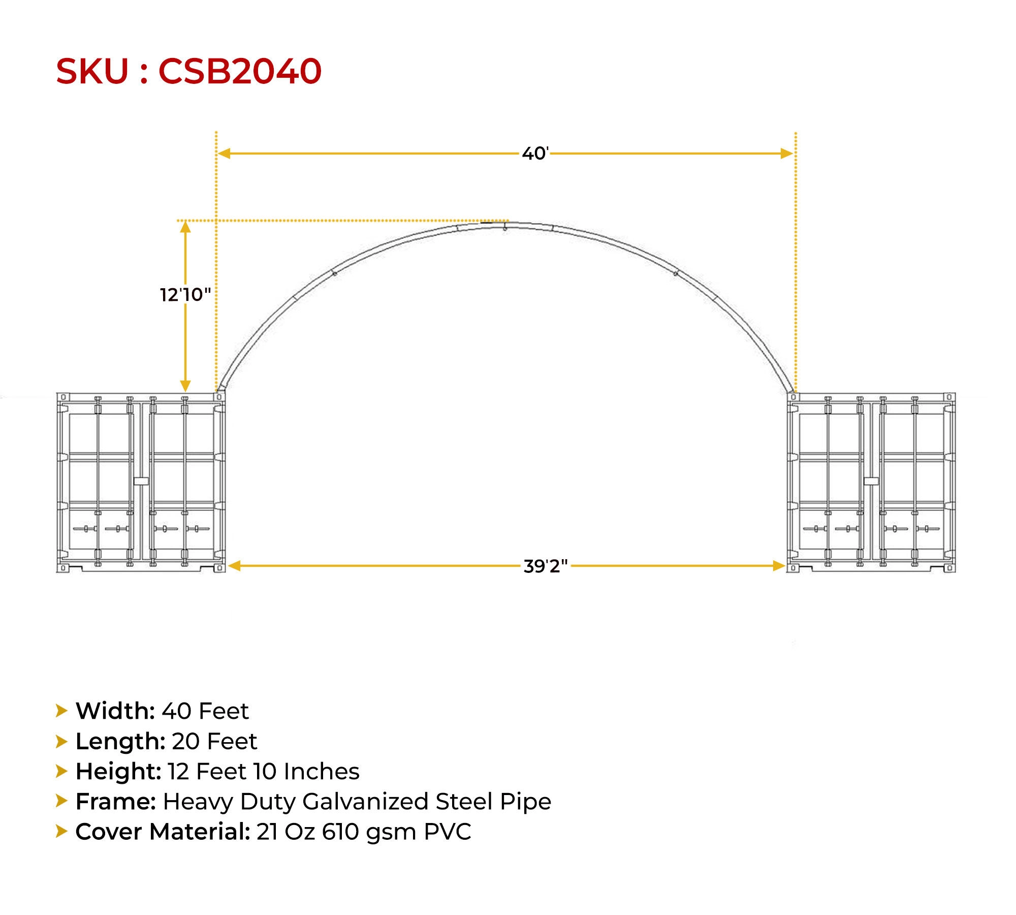 20’(L) x 40’(W) Shipping Container Building Shelter - 21 oz 610 gsm PVC White Cover, No End Walls