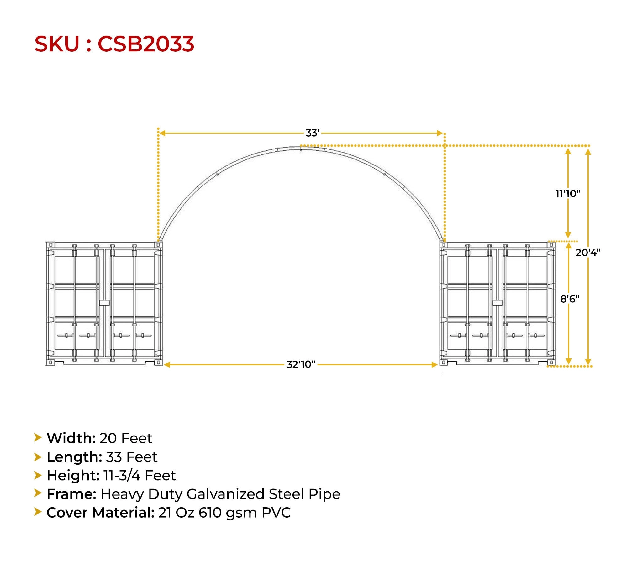 20'(L) x 33'(W) Shipping Container Building Shelter - 21 oz 610 gsm PVC White Cover, No End Walls