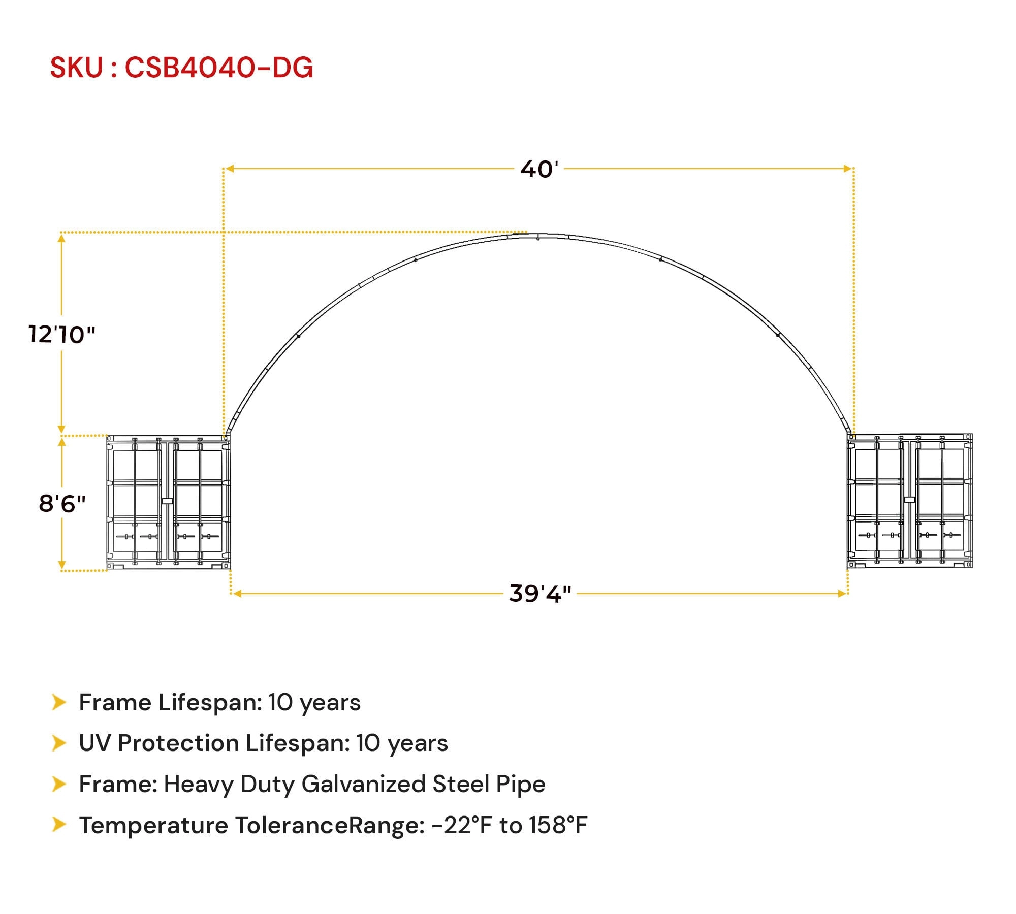 40'(L) x 40'(W) Shipping Container Building Shelter - 21 oz 610 gsm PVC Dark Gray Cover, No End Walls
