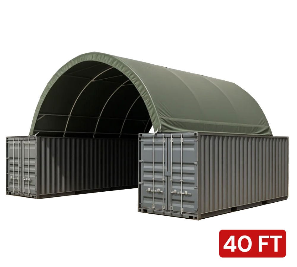 40'(L) x 40'(W) Shipping Container Building Shelter - 21 oz 610 gsm PVC Military Green Cover, No End Walls