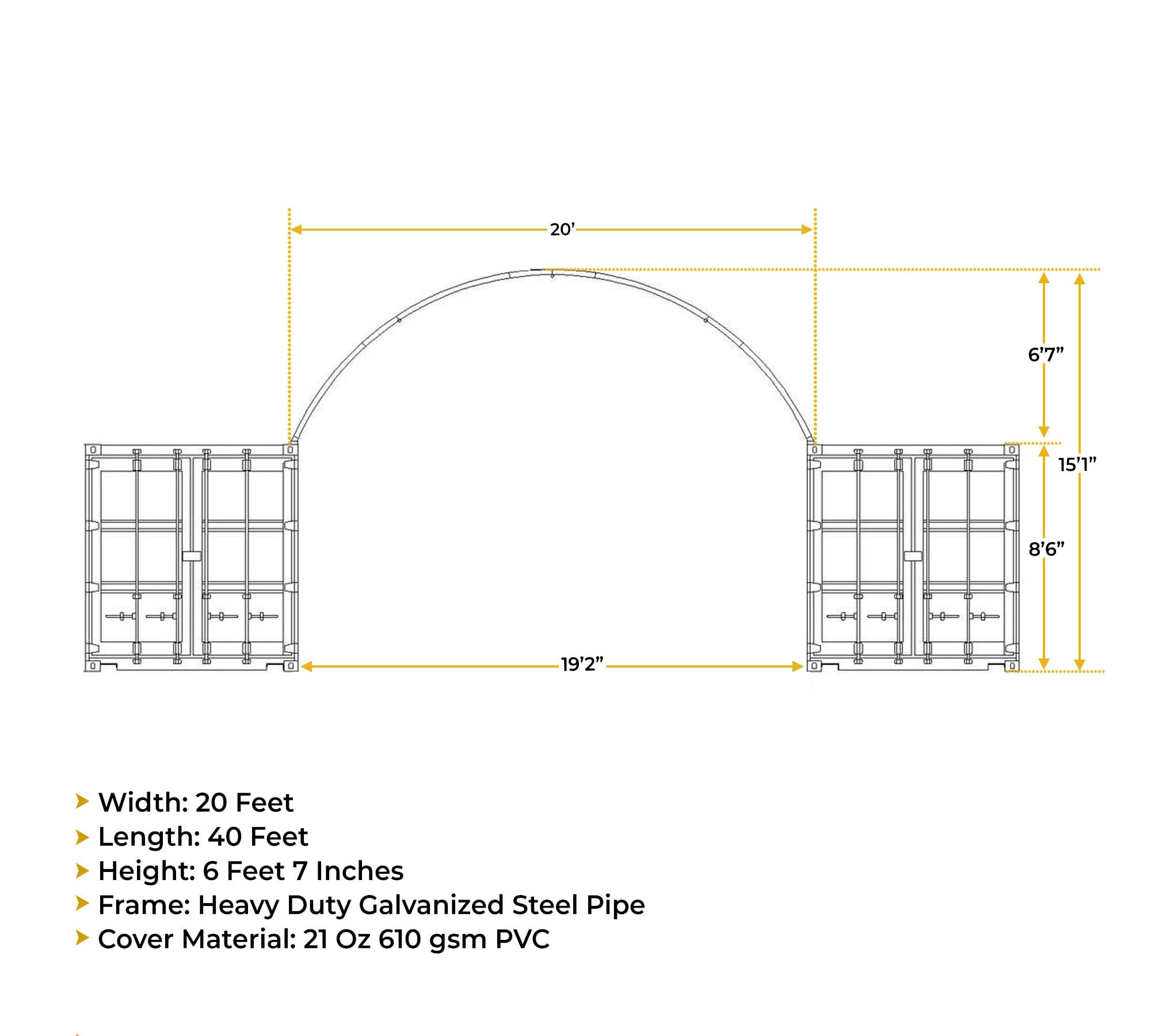 40’(L) x 20’(W) Shipping Container Building Shelter - 21 oz 610 gsm PVC White Cover, No End Walls