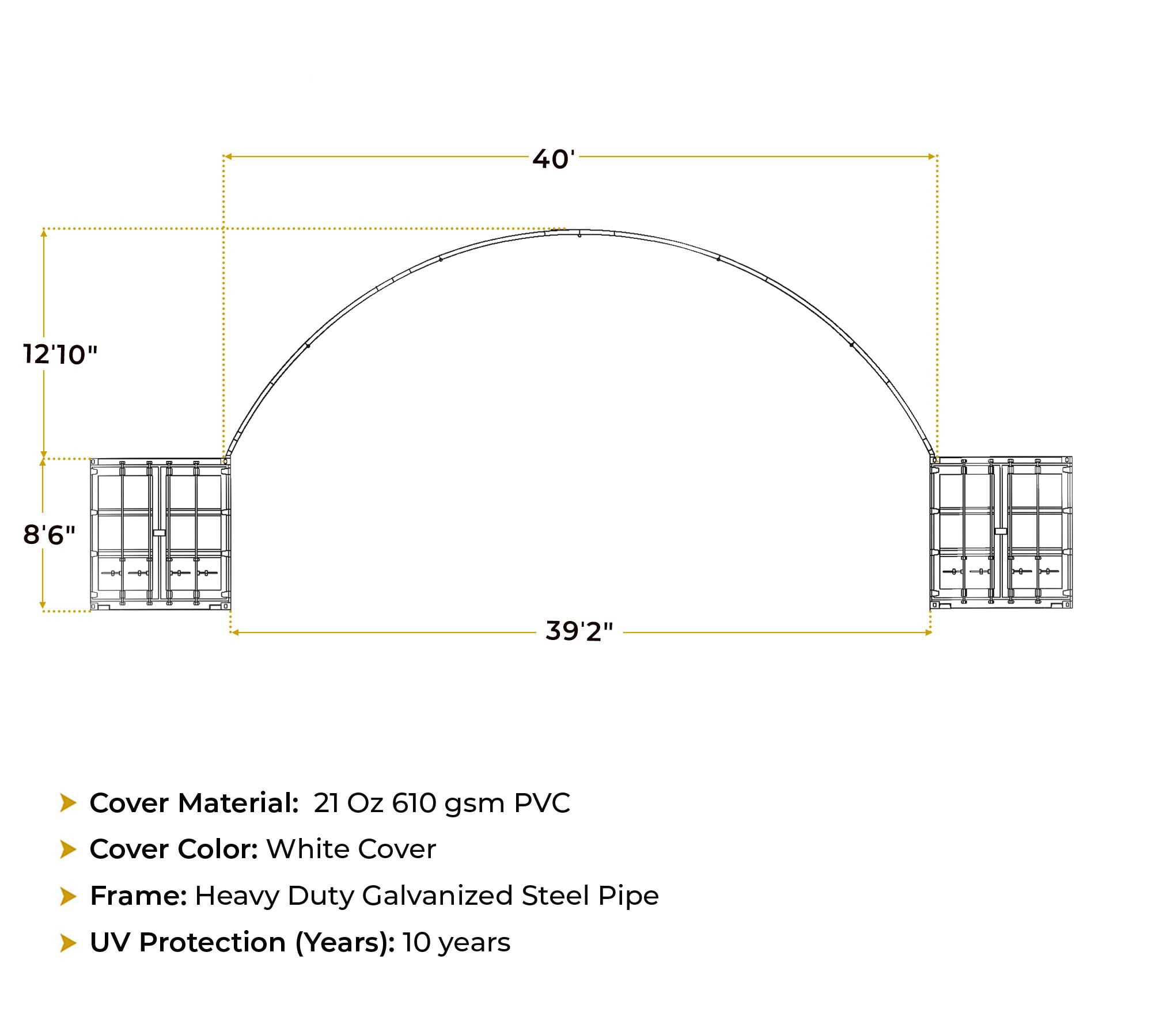 40’(L) x 40’(W) Shipping Container Building Shelter - 21 oz 610 gsm PVC White Cover, No End Walls