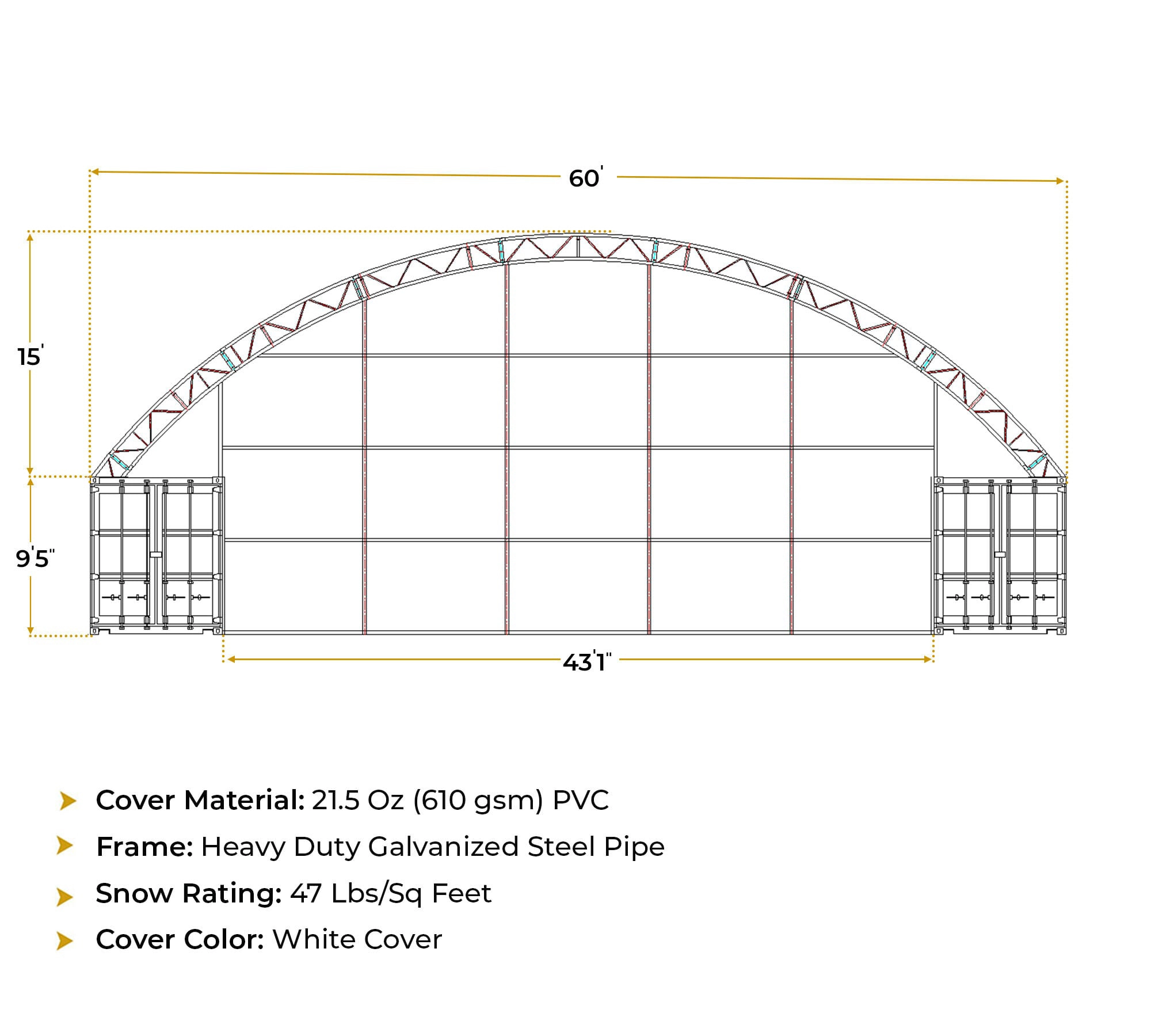 40'(L) x 60'(W) Double Truss Shipping Container Shelter, No End Walls