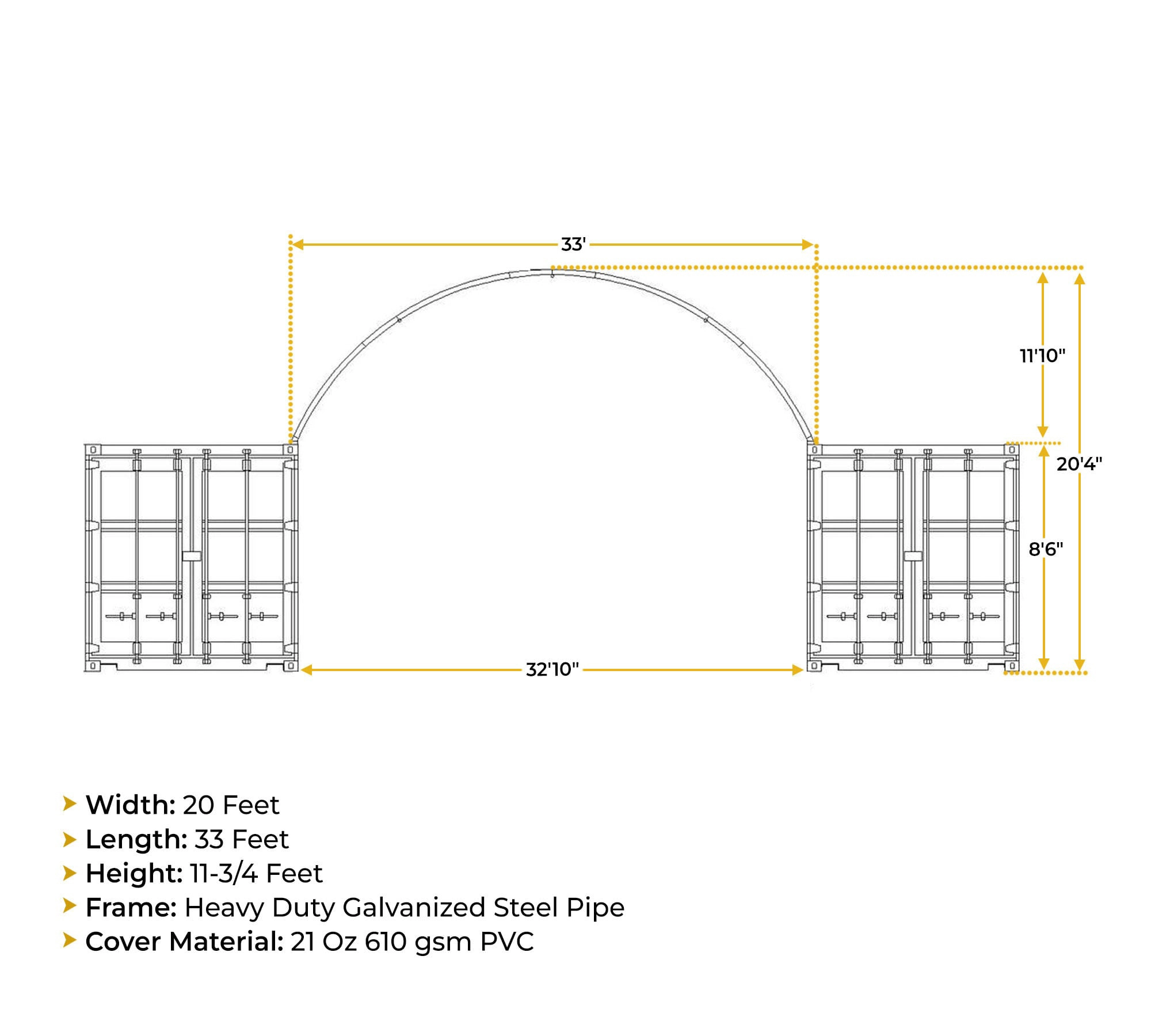 20'(L) x 33'(W) Shipping Container Building Shelter - 21 oz 610 gsm PVC White Cover, No End Walls